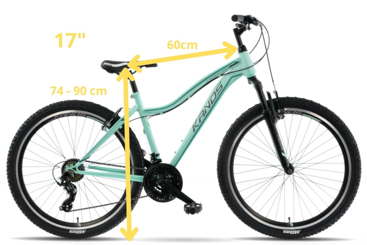 Mountainbike med ramstorlek och mätningar.