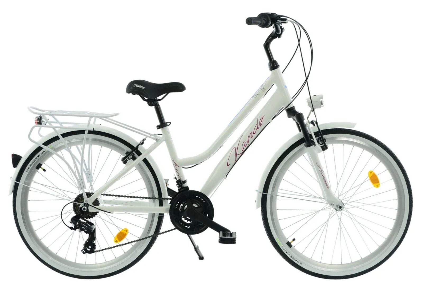 Vit cykel för dam med pakethållare