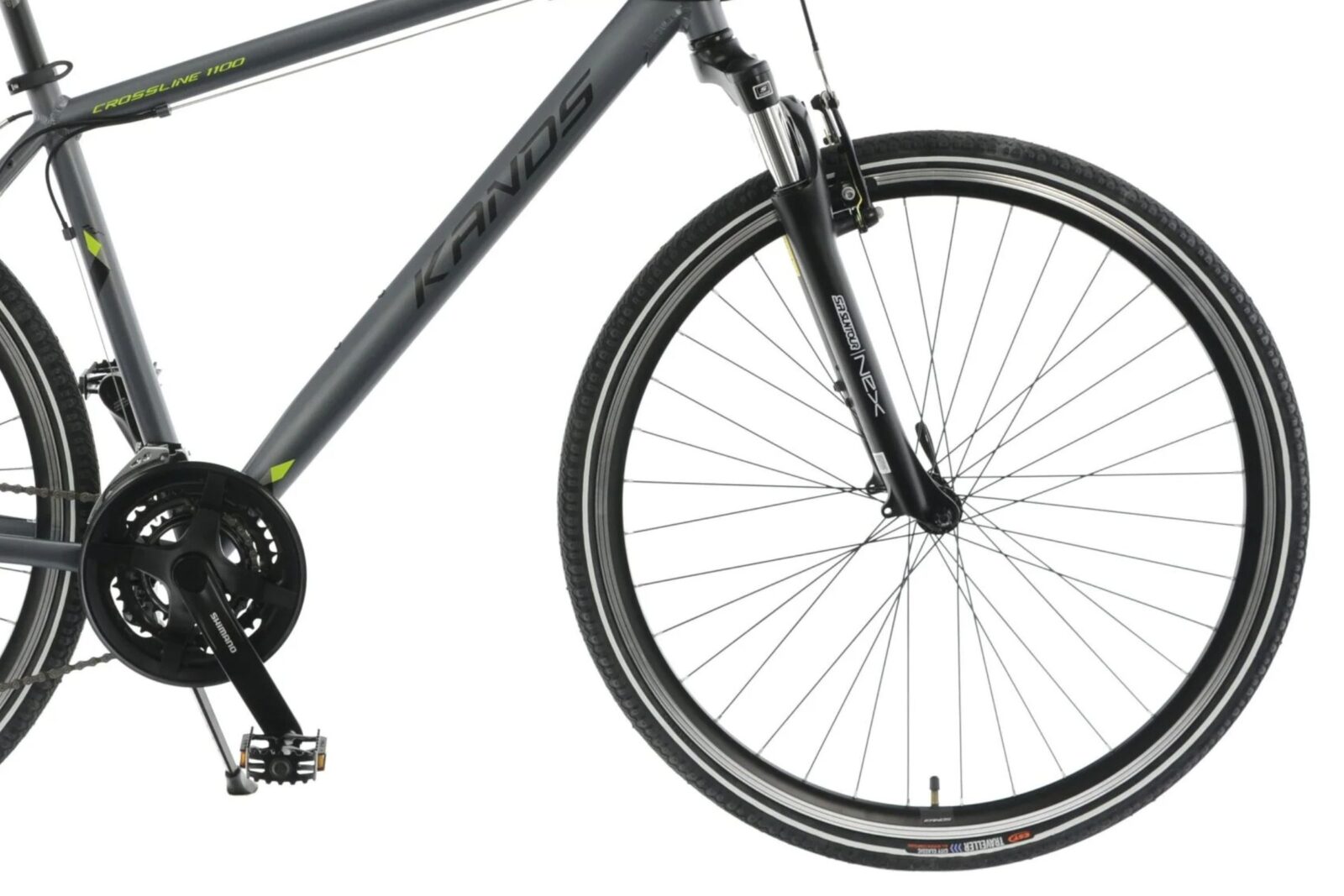 Hybridcykel framhjul och kedja detaljbild