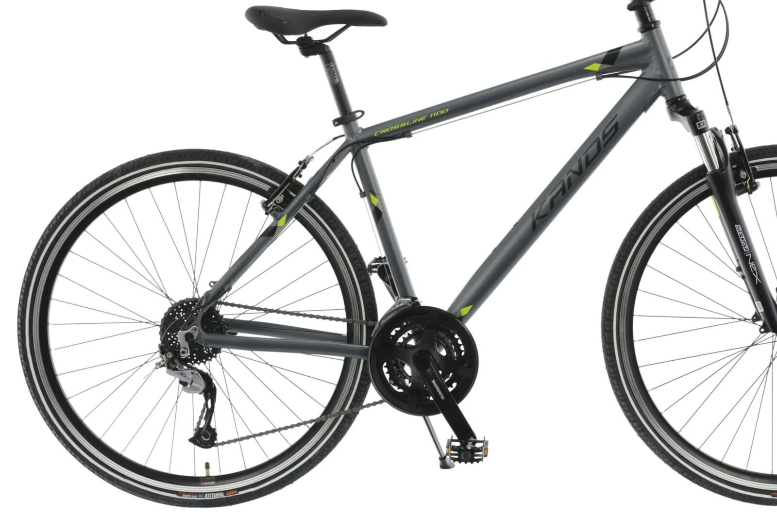 Svart hybridcykel med 21 växlar och dämpad framgaffel.