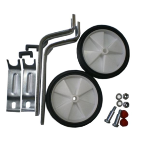 Cykelstödhjul med skruvar, muttrar och fästen.