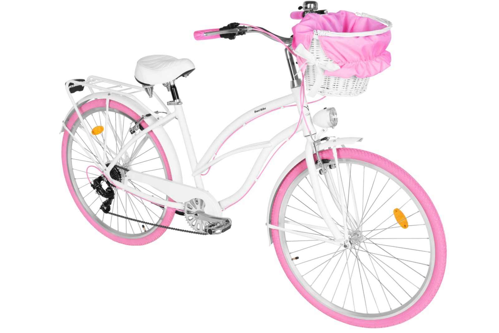 Vit cykel med rosa detaljer och korg.