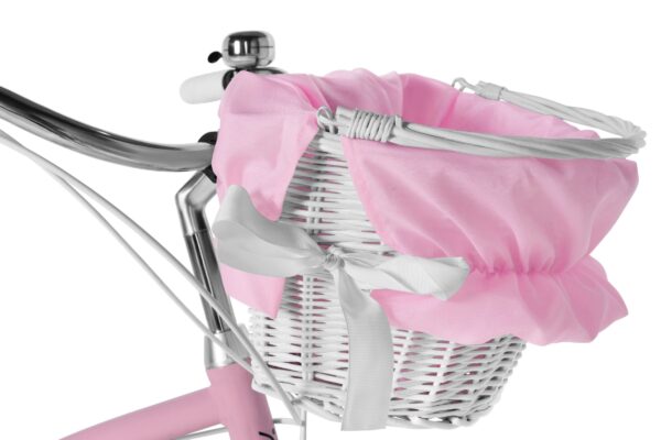 Rosa cykelkorg med klocka i närbild.