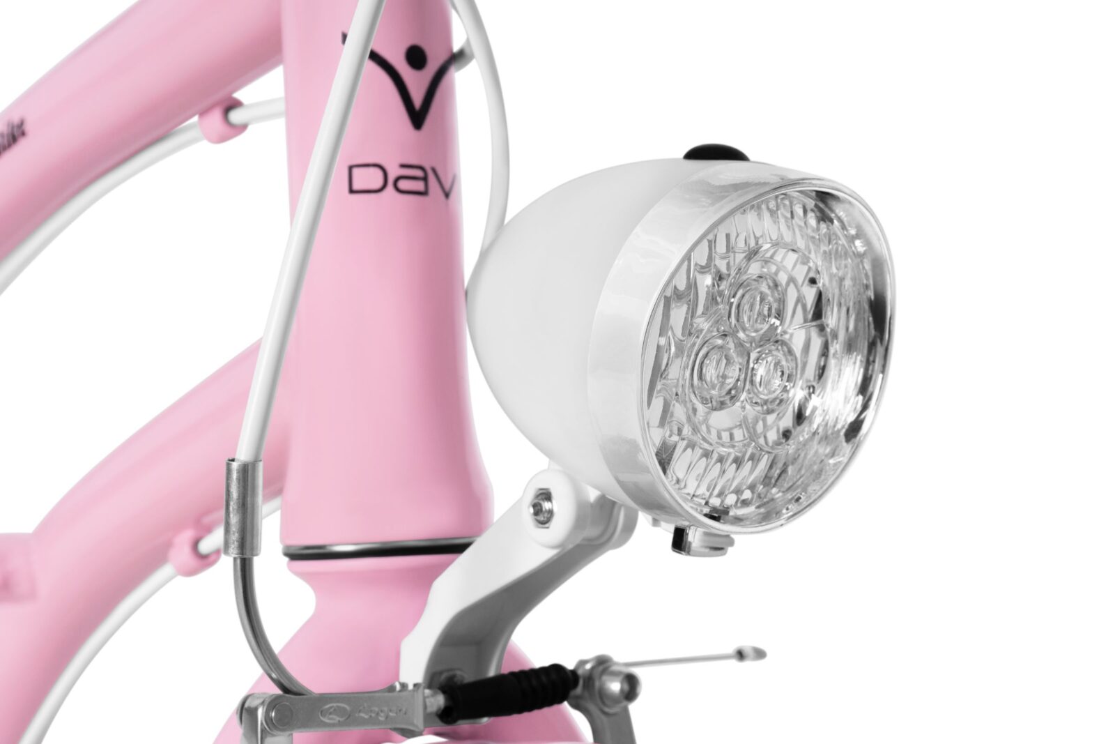 Rosa cykel med glänsande vit framlampa