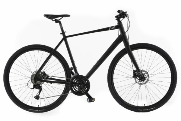 Svart cykel med skivbromsar och racerdäck.