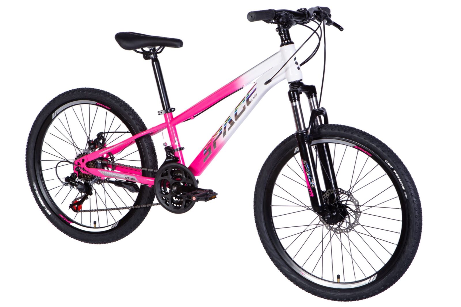 Ružový horský bicykel s bielym rámom