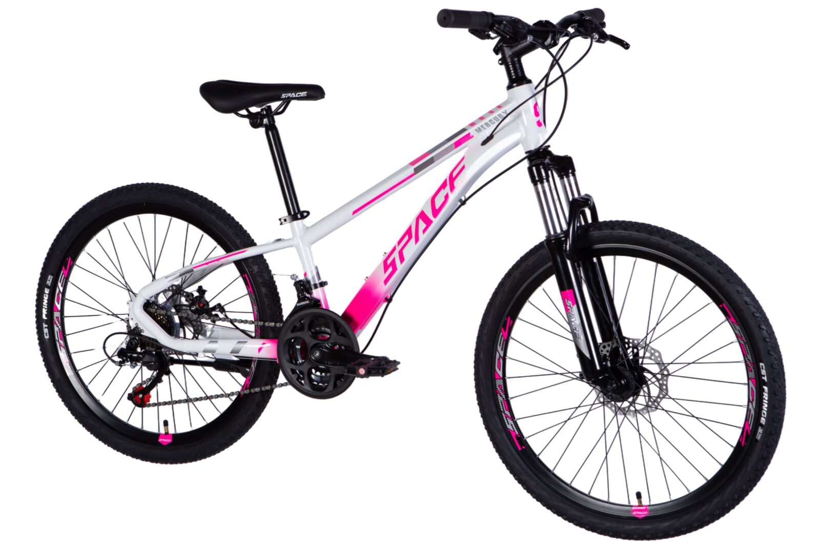 Horský bicykel s bielou a ružovou farbou