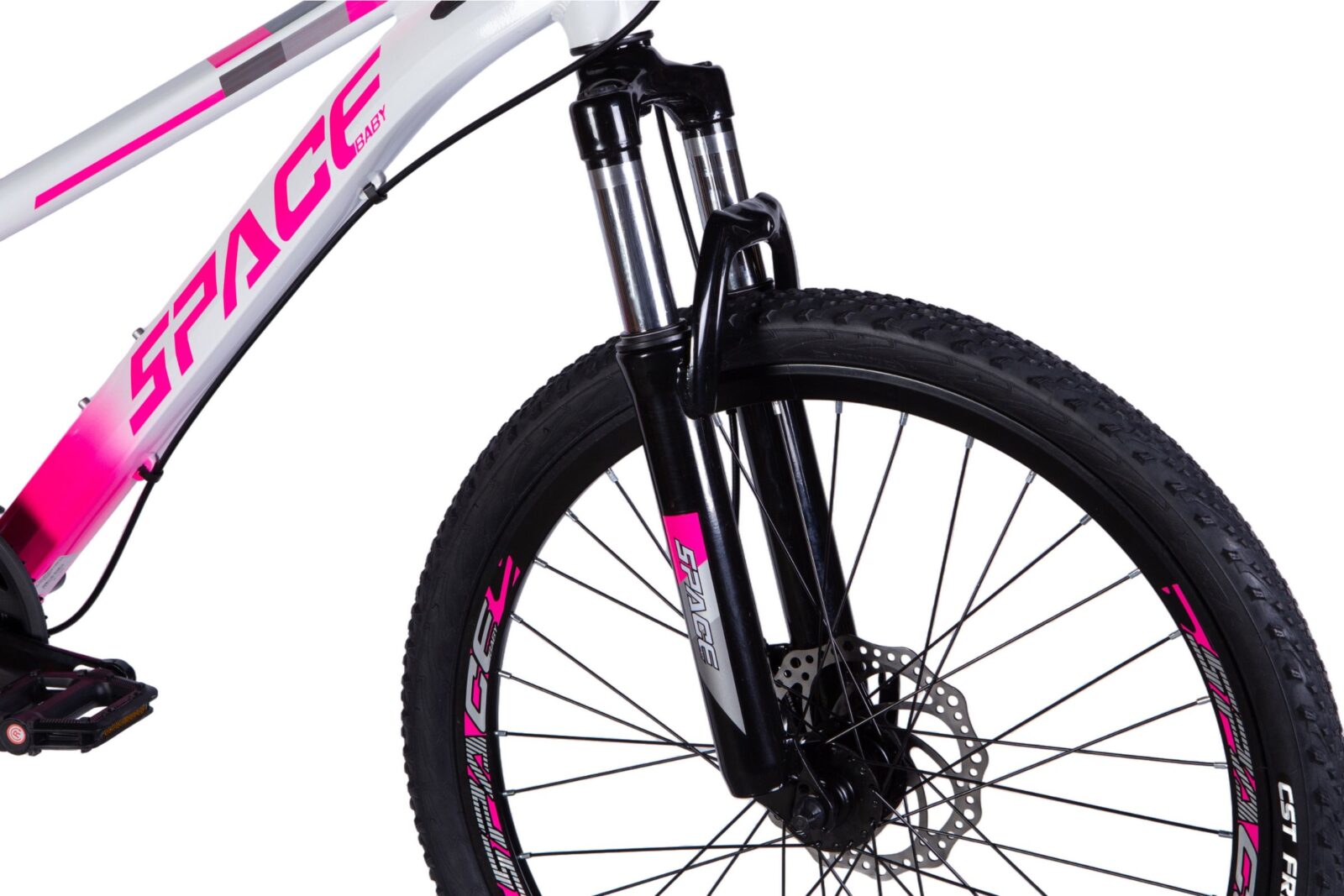 Ružový horský bicykel so vzduchovými vidlicami.