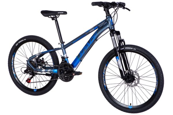 Modrý horský bicykel s odpružením.
