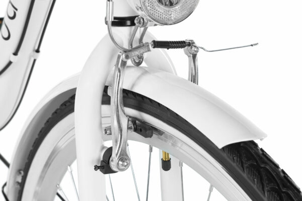 Vit cykel med lykta och bromsdetaljer