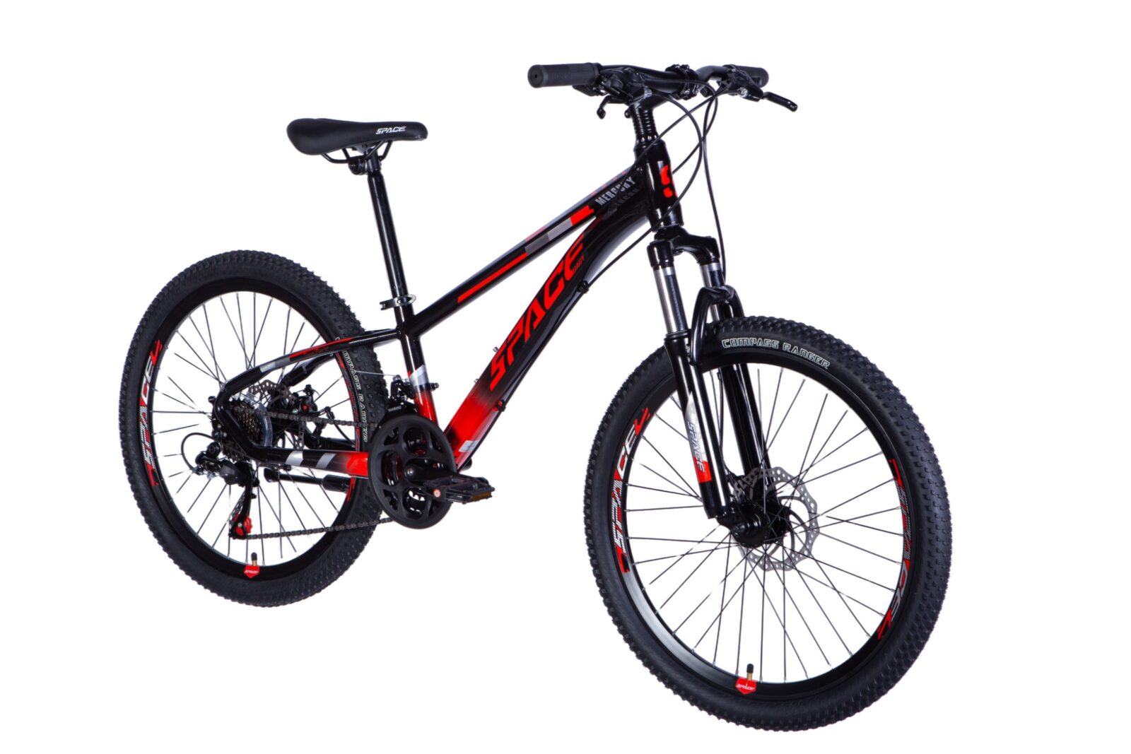 Horský bicykel s červenými a čiernymi detailmi.