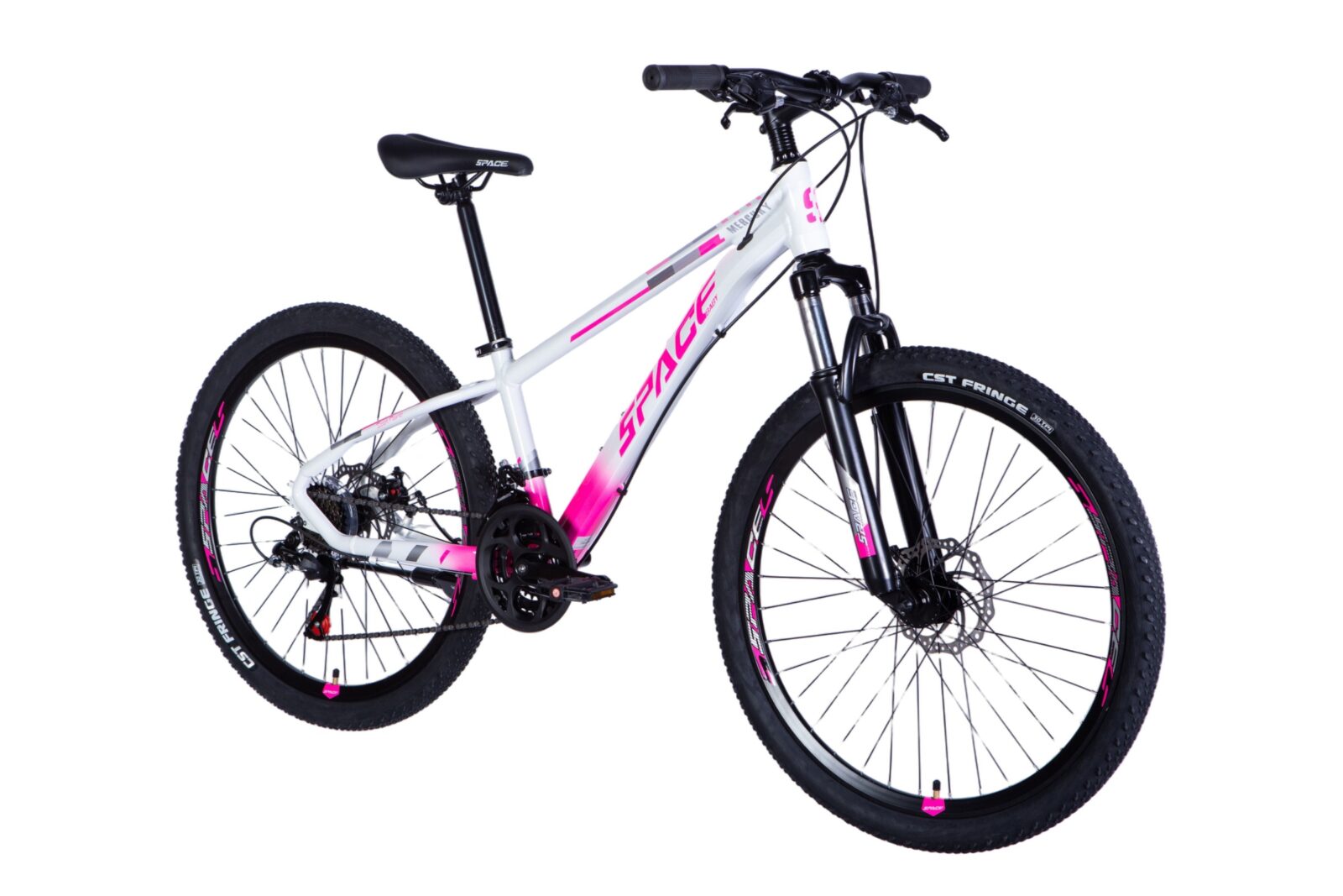Bicykel so zeleným rámom a ružovými detailmi