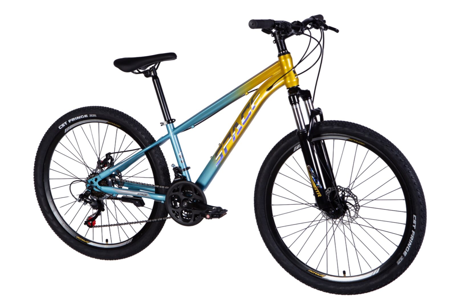 Mountainbike med svart och gul ram, tjocka däck.