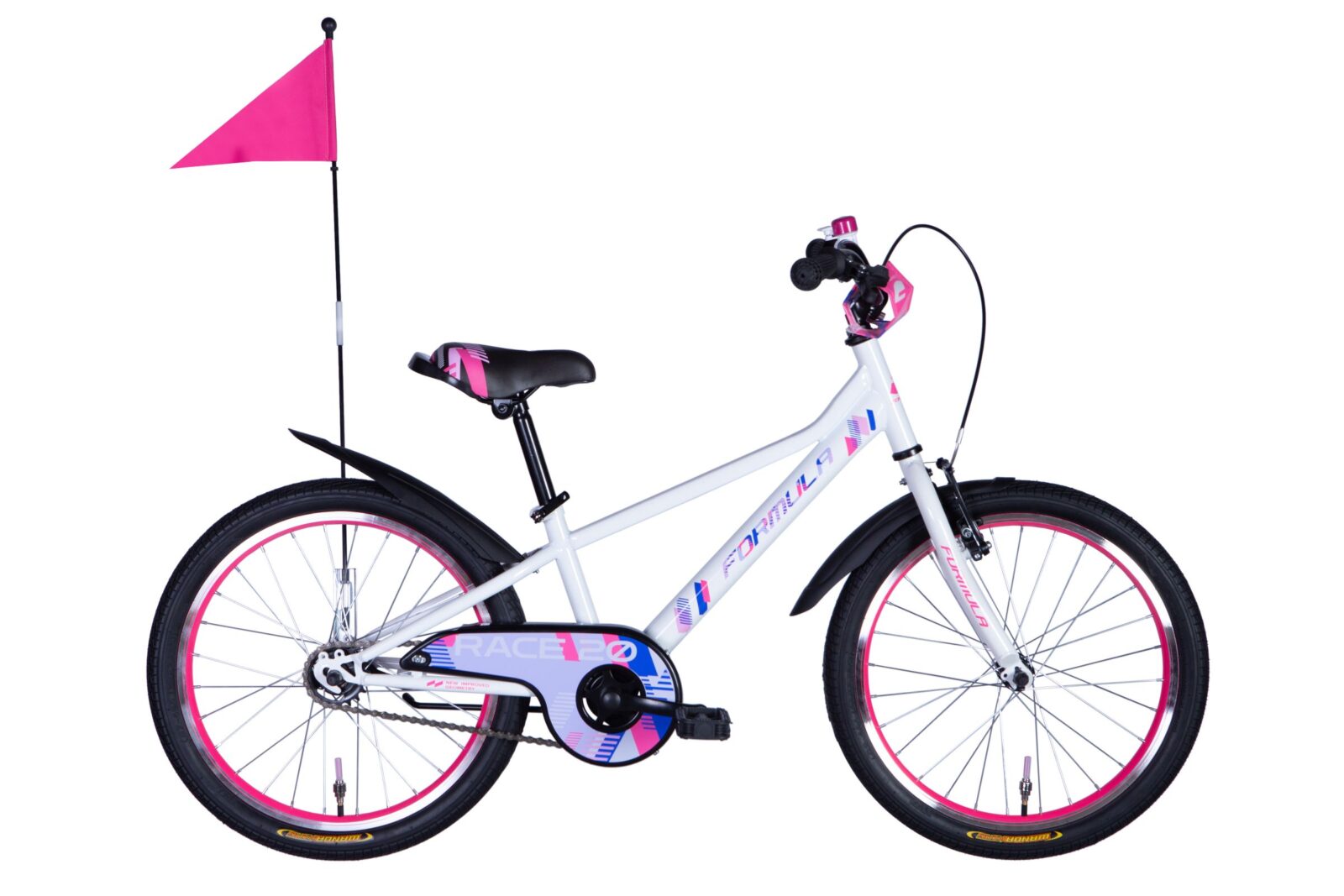 Vit och rosa barncykel med flagga