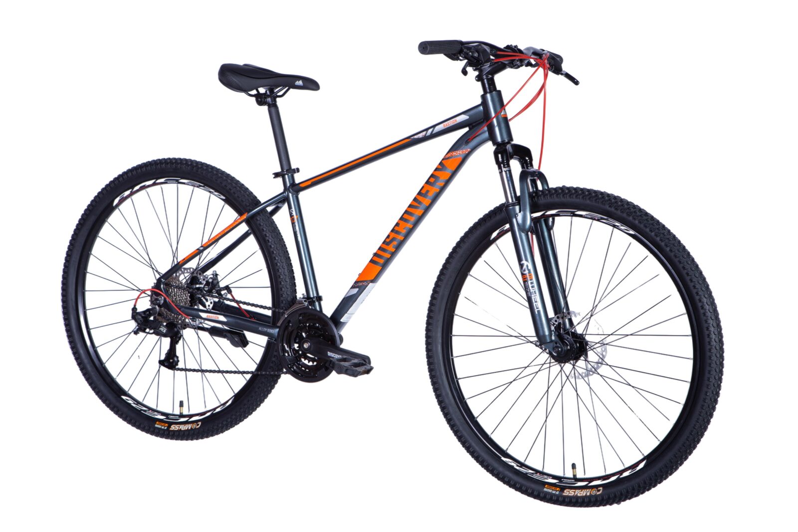 Svart mountainbike med orange detaljer
