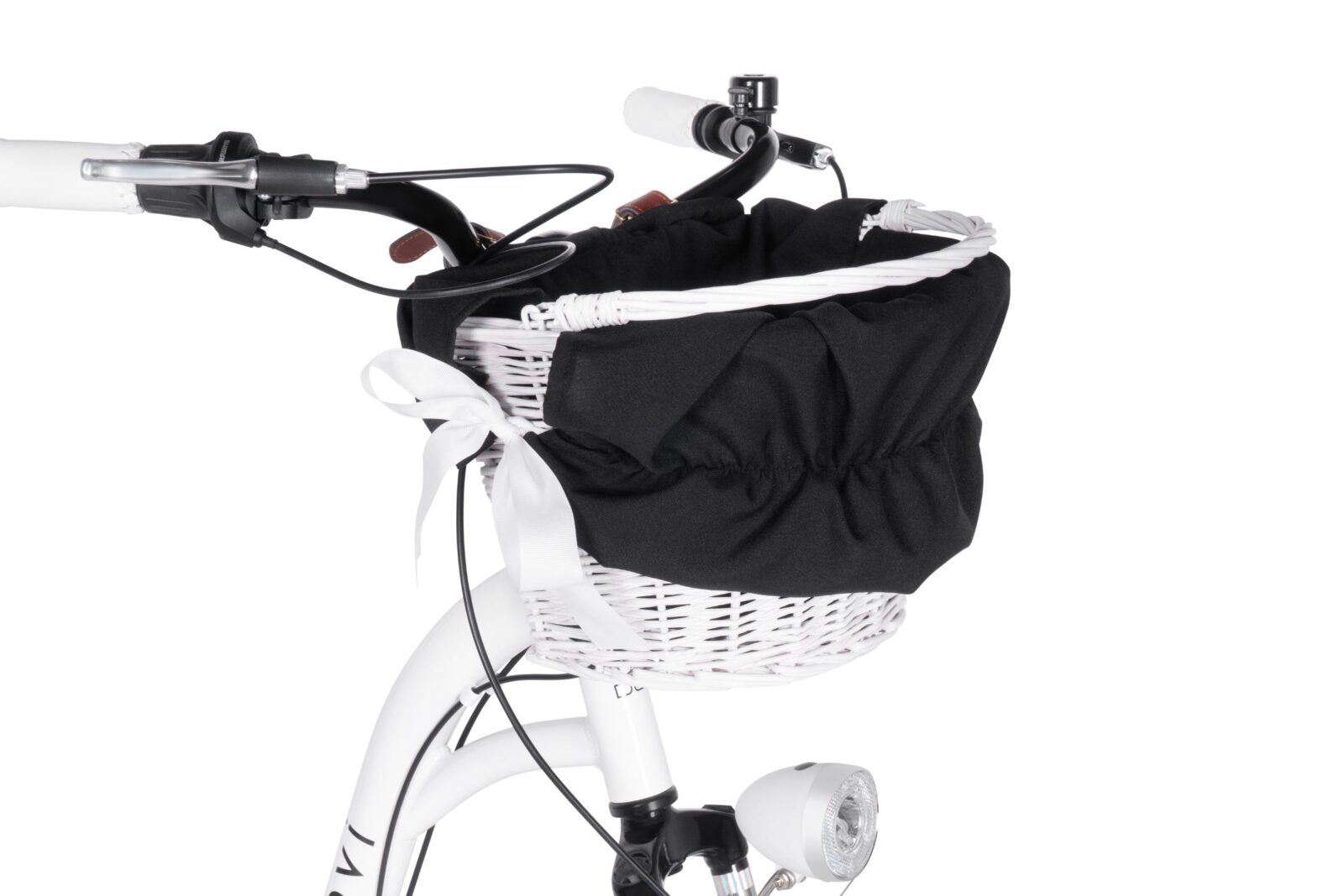 Vit cykelkorg med svart tygöverdrag och belysning