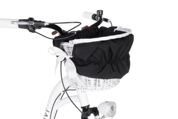 Vit cykelkorg med svart tygöverdrag och belysning