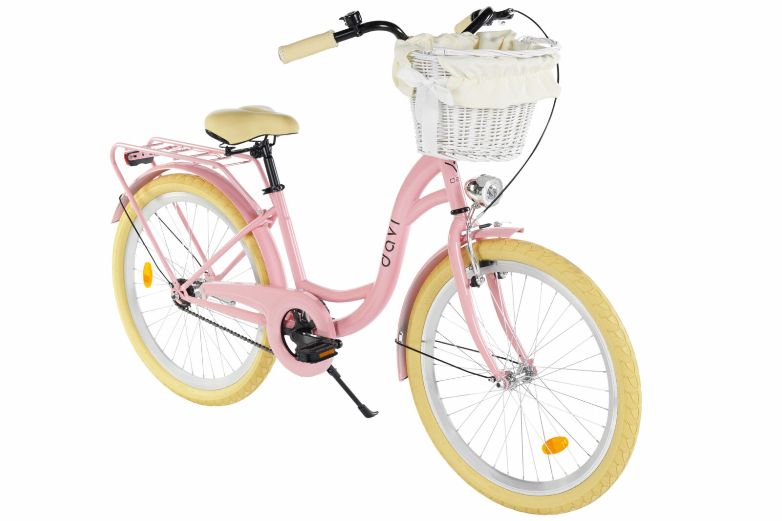 Rosa damcykel med korg och gula däck.