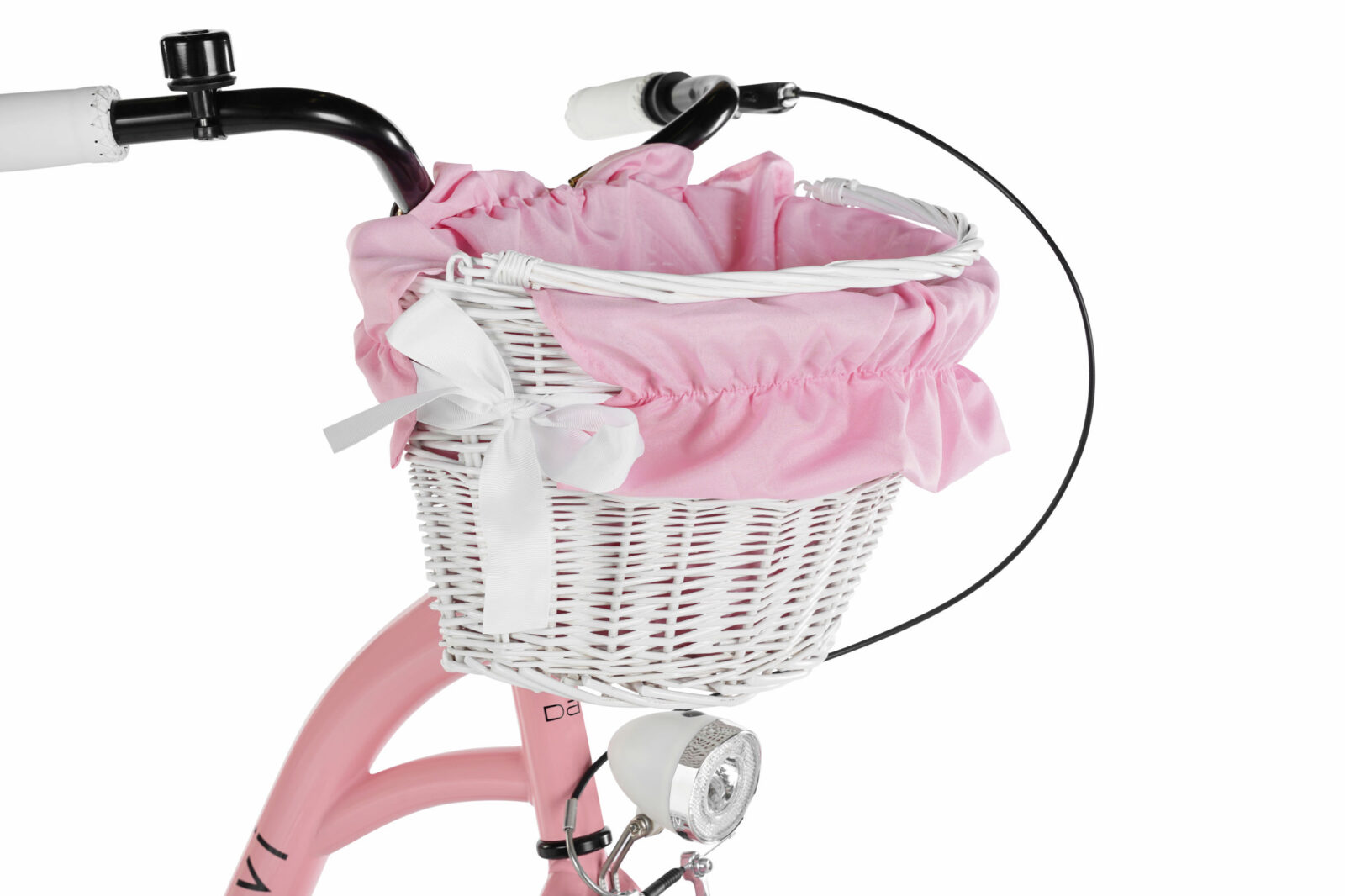 Rosa cykelkorg med vit rosett och lykta.