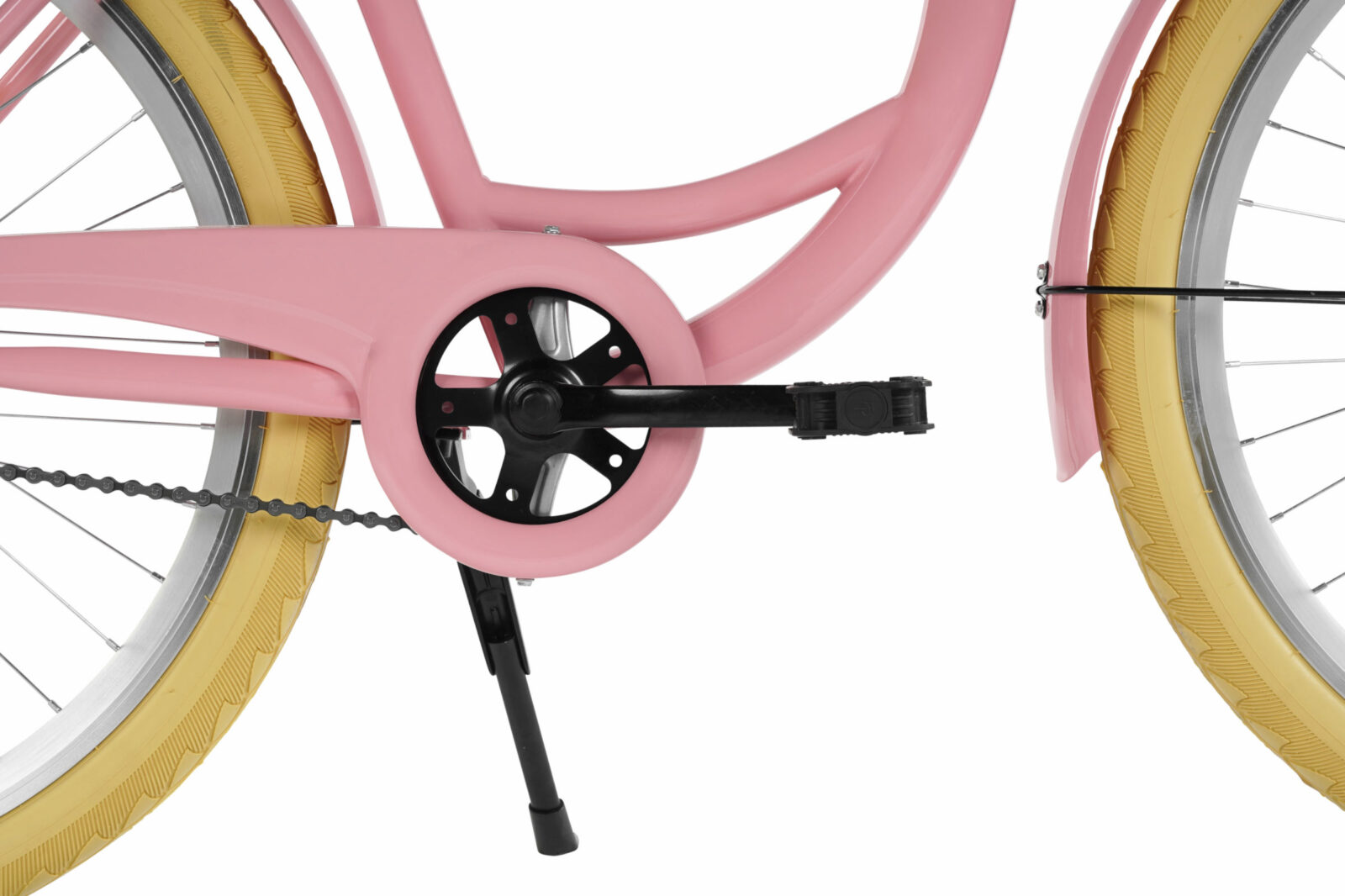 Rosa cykel med gula däck och svart trampstång