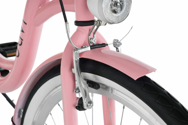 Rosa cykel med lys och bromsdetaljer.