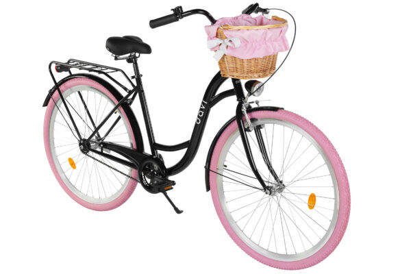 Svart cykel med rosa däck och korg framtill.