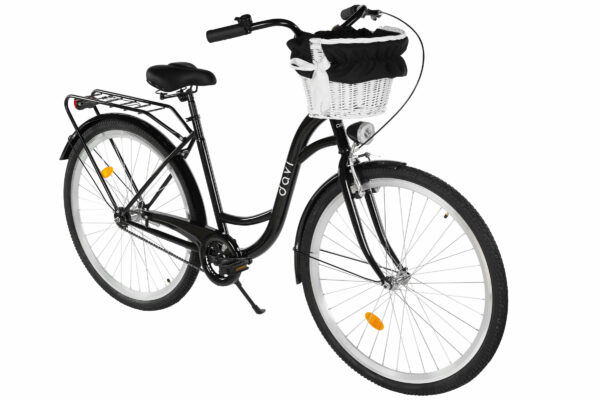 Svart damcykel med korg och pakethållare