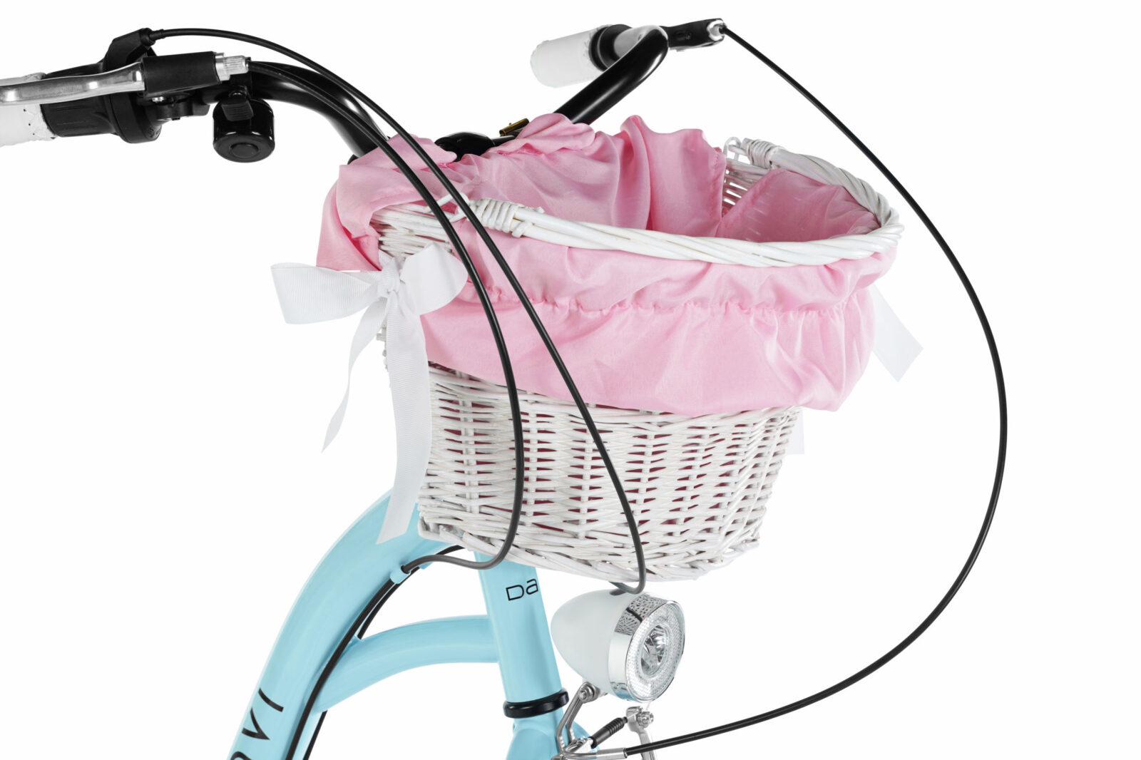 Cykelkorg med rosa foder på en blå cykel.