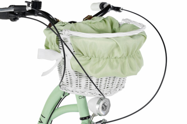 Cykelkorg i vit korg med grön tygfodral
