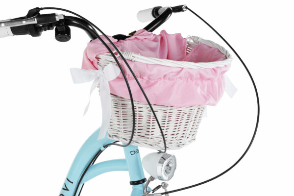 Cykelkorg med rosa tyg och vit ram.