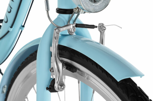 Blå cykel framhjul och lampa i närbild