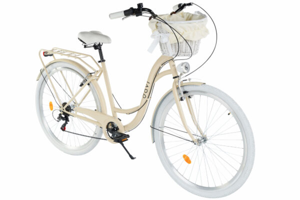 Beige damcykel med vit korg fram.