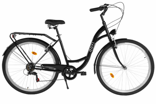 Svart damcykel med pakethållare och fotstöd.