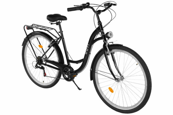 Svart damcykel med pakethållare och belysning.