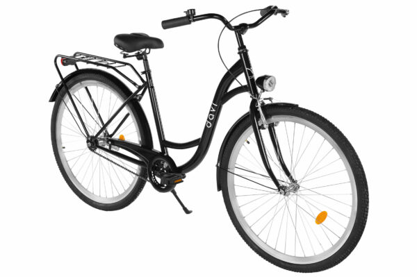 Svart klassisk cykel med pakethållare och fotstöd.