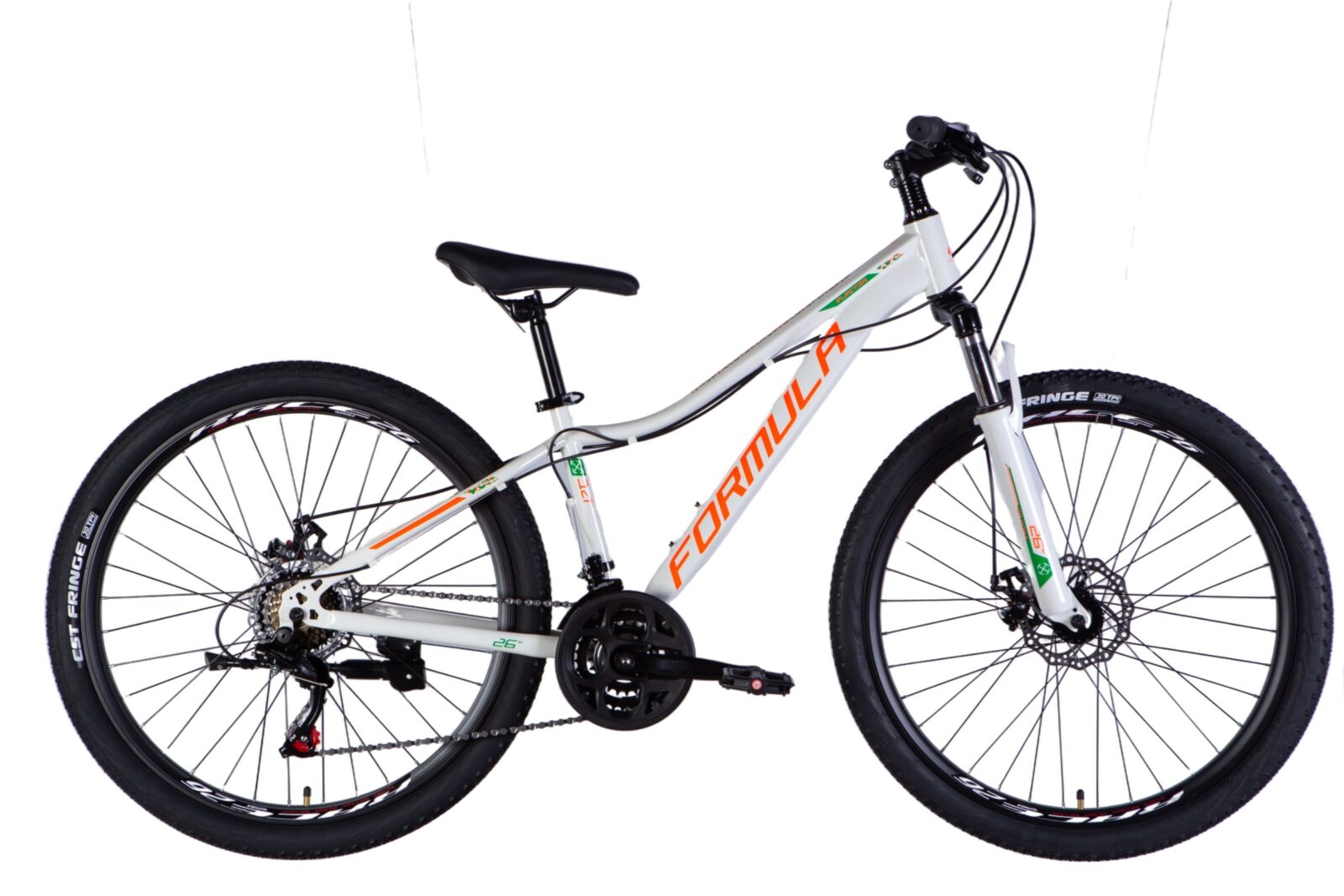 Vit mountainbike med Formula-logotyp