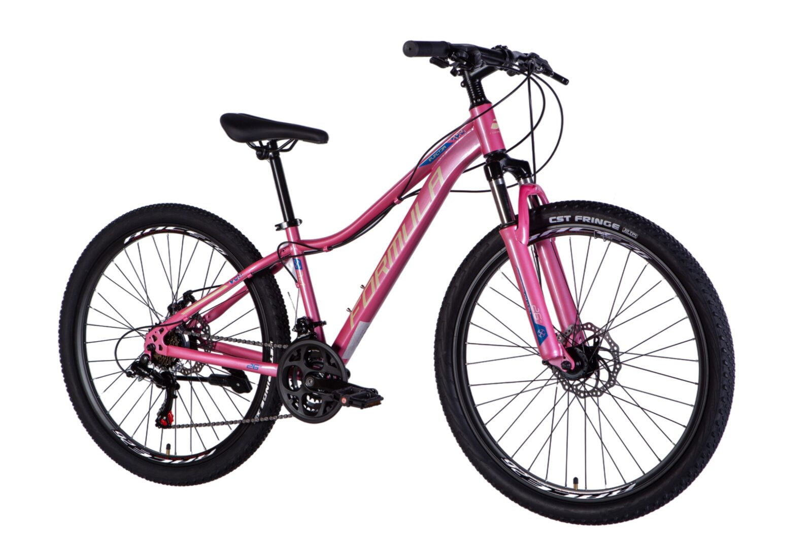 Rosa mountainbike med grova däck och växlar.