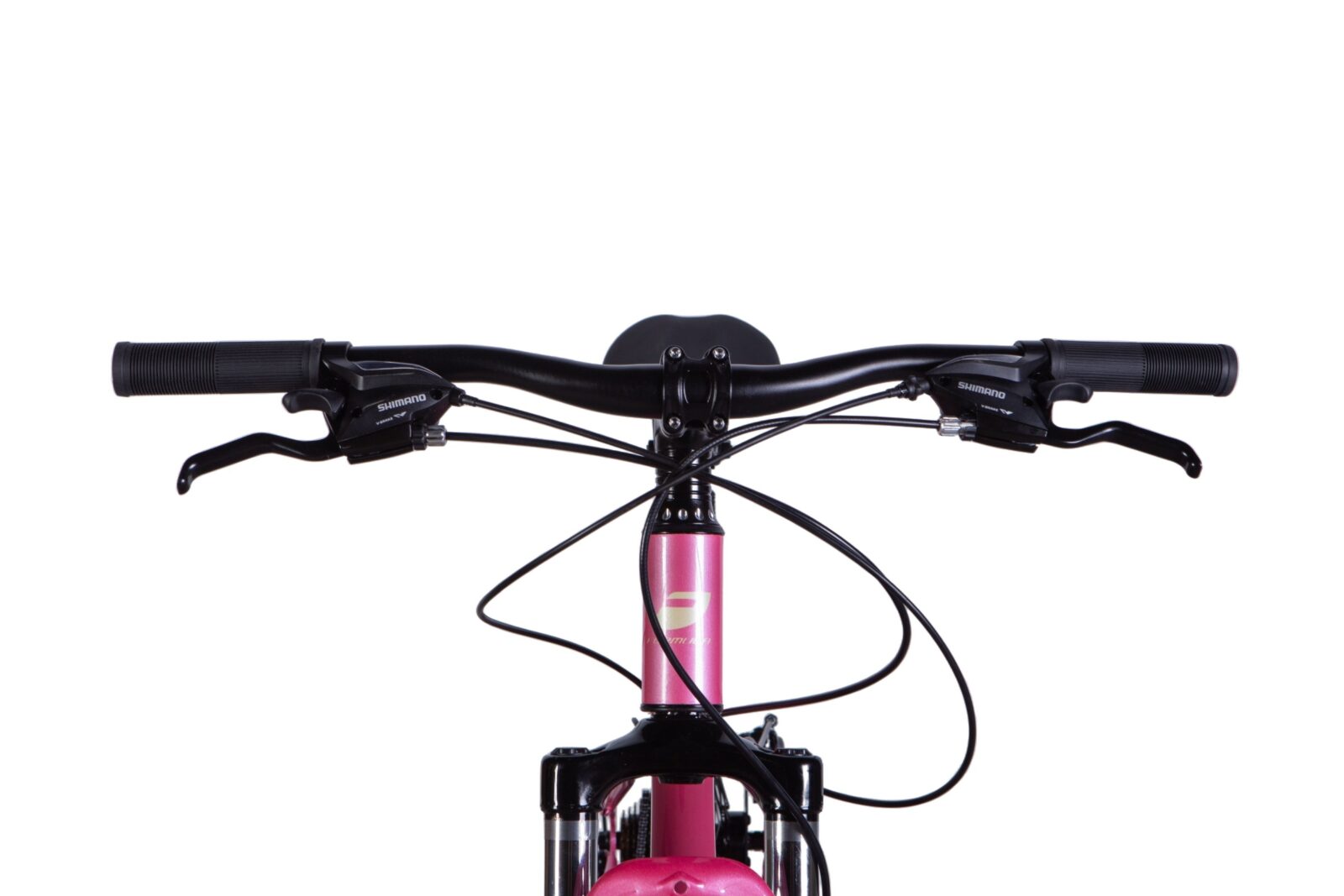 Rosa cykelstyre med bromshandtag och kablar.