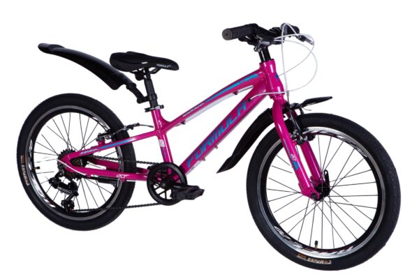 Rosa cykel med svarta detaljer och hjul