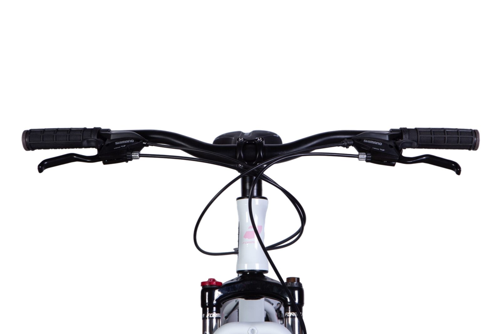 Cykelstyre med Shimano bromsar, svart och vitt färgschema.