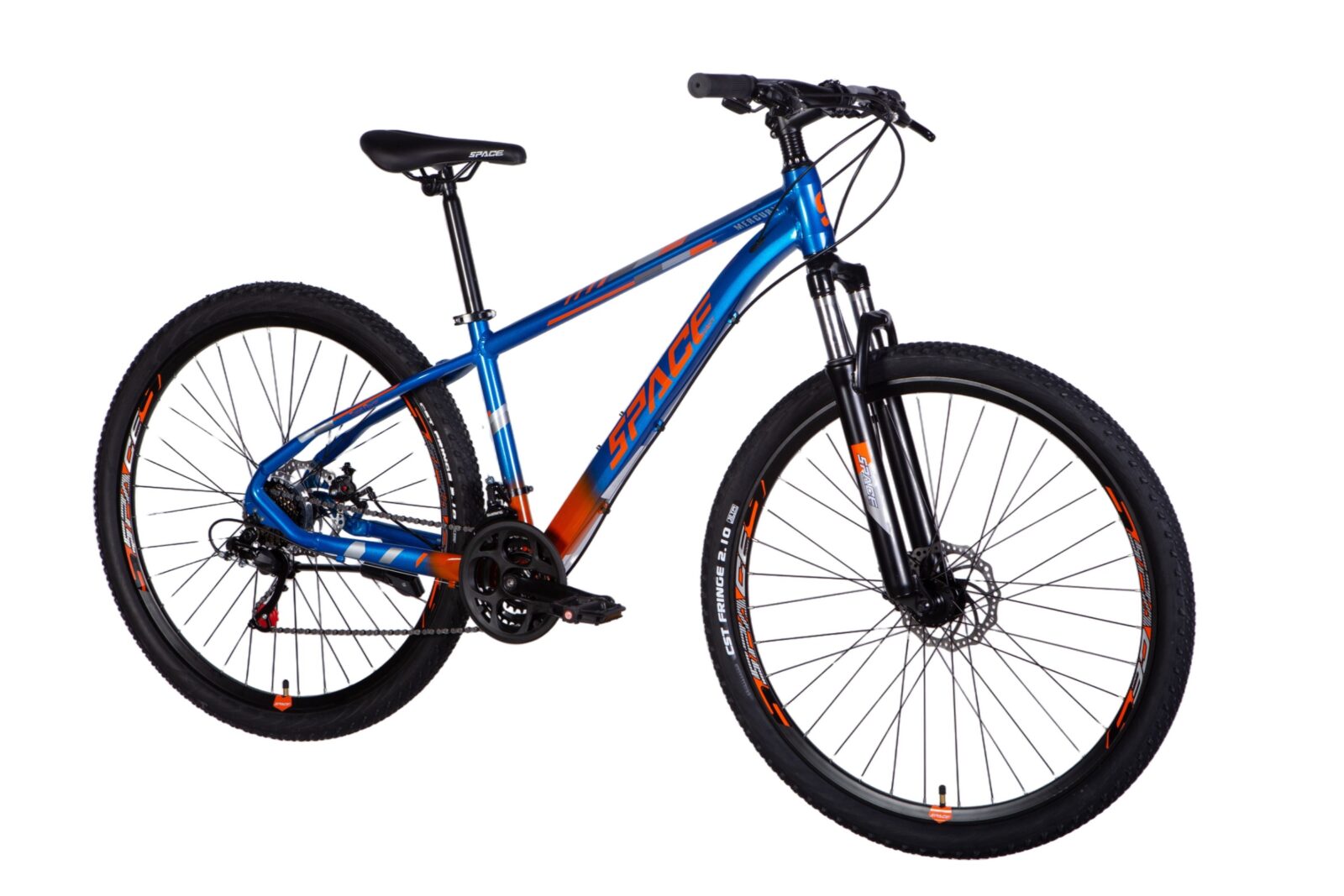 Blå och orange mountainbike med breda däck