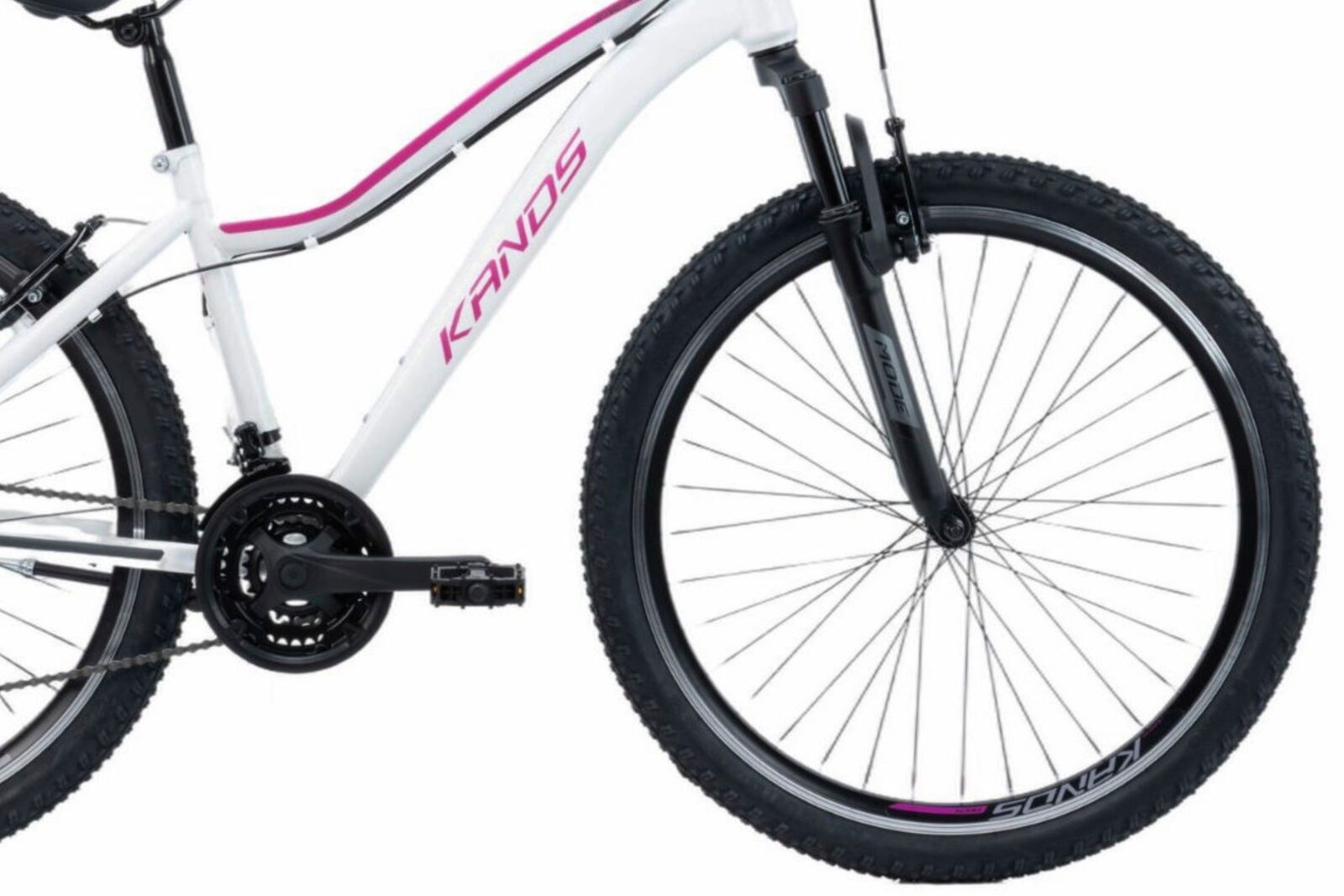 Vit mountainbike med rosa detaljer, Kands logotyp.