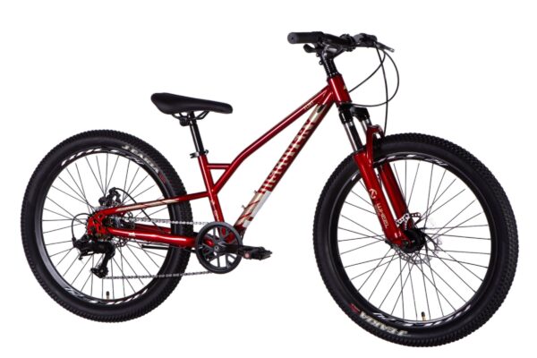 Röd mountainbike med svart sadel och hjul