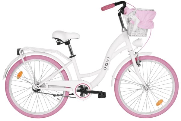 Vit cykel med rosa detaljer och korg.