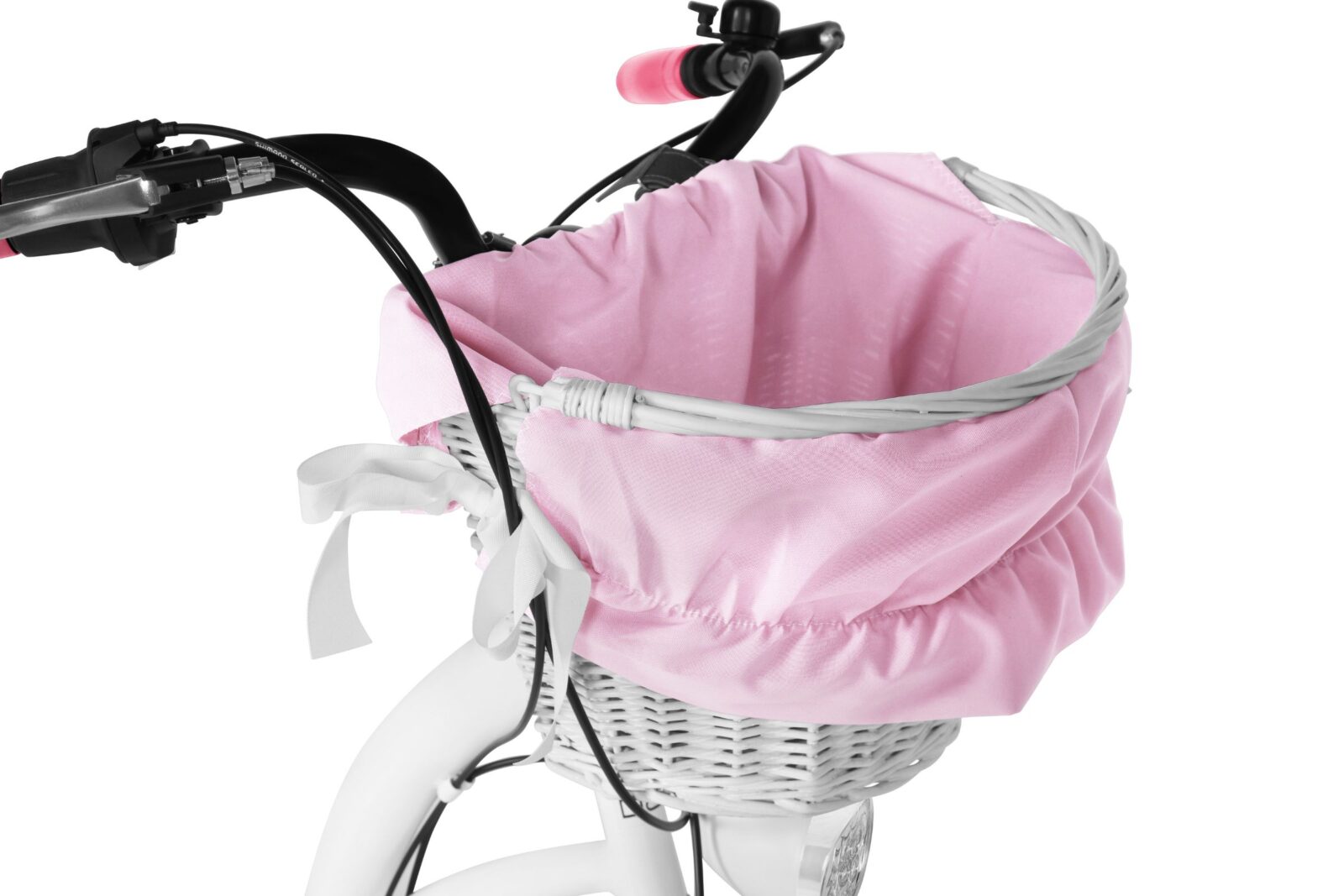 Cykelkorg med rosa tygöverdrag.