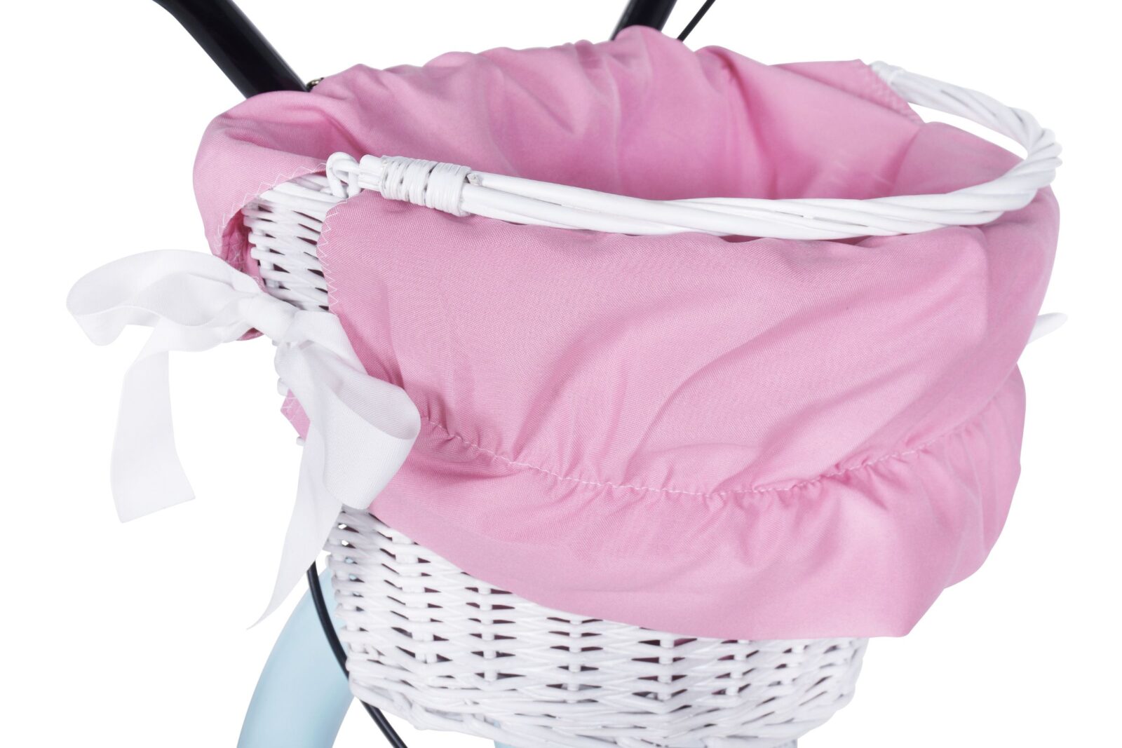 Vit cykelkorg med rosa tygöverdrag.