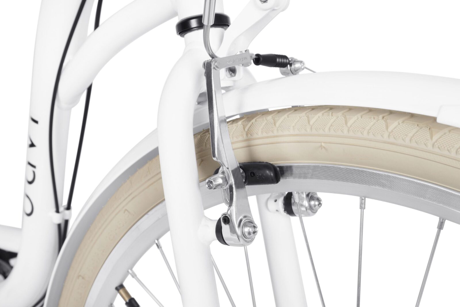 Vit cykelbroms på framhjulet