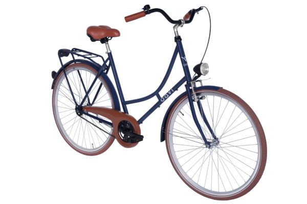 Modrý mestský bicykel s hnedými detailmi